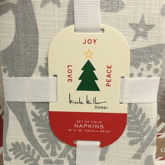 Nicole Miller Home Set of 4 Napkins Holiday Dinner Cotton, Silver White NWT - Picture 2 of 4